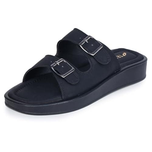 TRASE Zenstrides Women’s Fancy Flat Slippers – Casual Sliders With Adjustable Ankle Strap, Comfortable & Lightweight Footwear (Black, 7 UK)