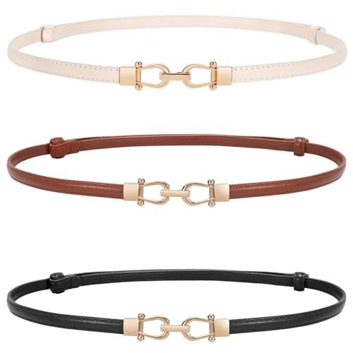 WERFORU Women 3 Pack Skinny Belt for Dress,Thin Waist Belt - Adjustable Leather Belt with Gold Buckle, Black+Brown+Beige, Fit Waist Size below 37 Inches