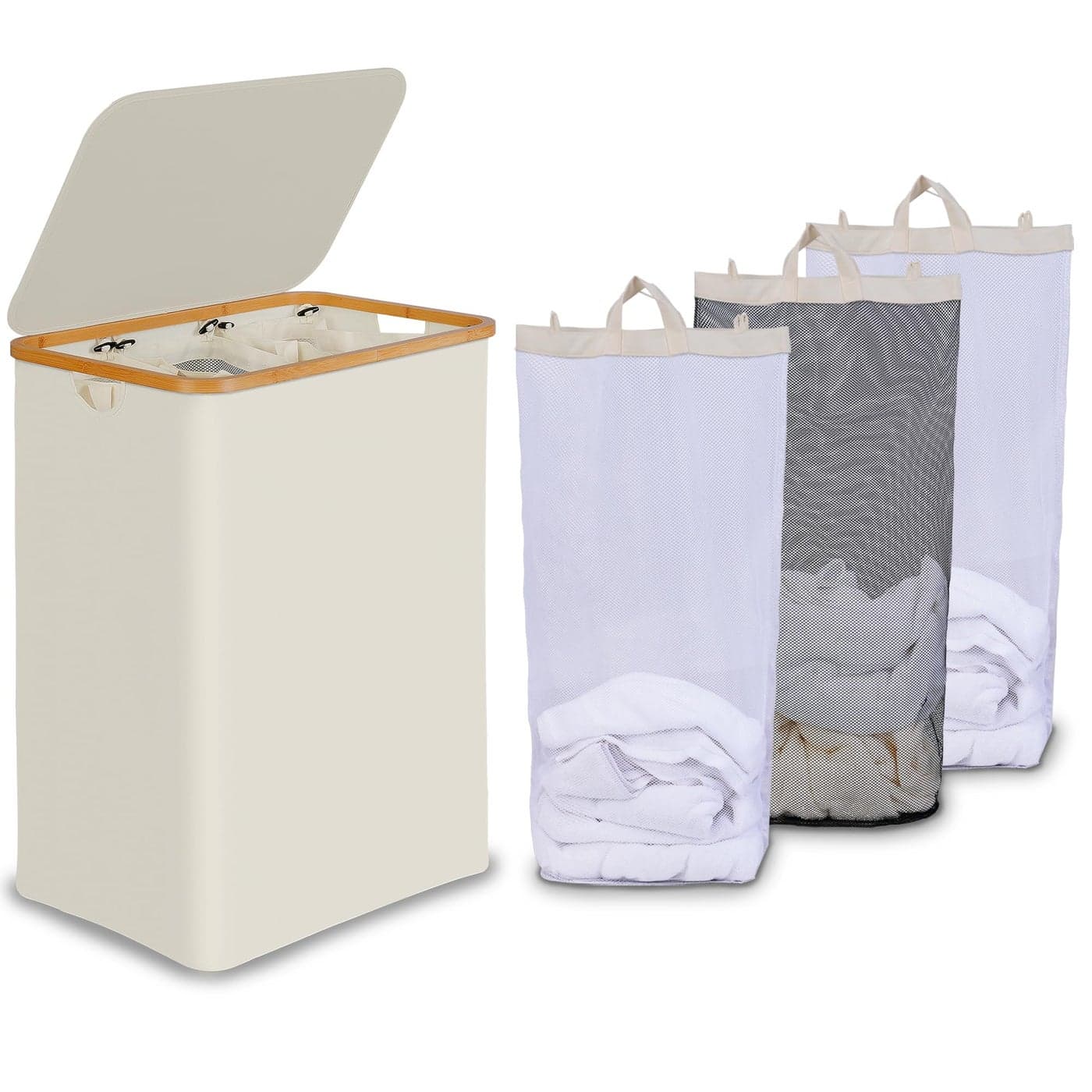 efluky Laundry Hamper with Lid Trio Laundry Hamper with 3 Removable Bags 3 Section Laundry Basket with Bamboo Handles for Bathroom Bedroom Laundry Room 160L Beige