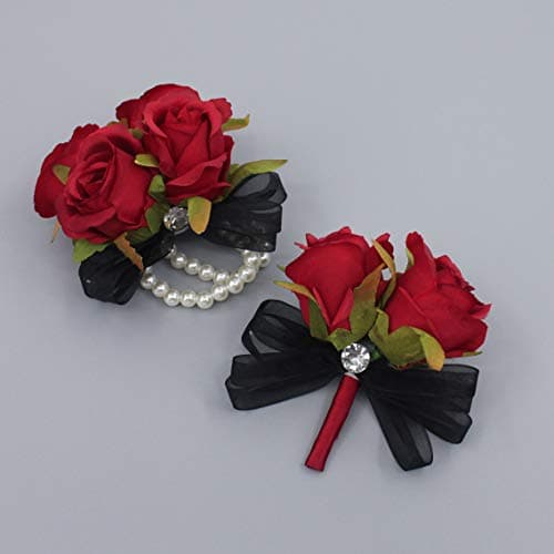 Abbie Home Prom Rose Corsage Boutonniere Set Real Touch Flowers for Party Ball Dancing Wedding with Lace Bow Décor (Red)