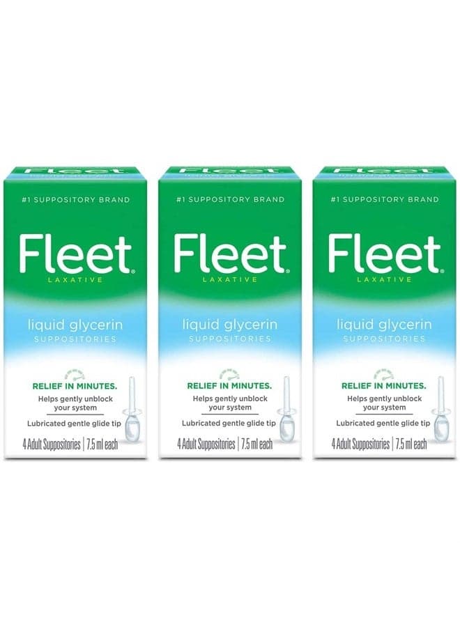 Liquid Glycerin Suppositories for Adult Constipation, 4 Suppositories, 7.5 ml (Pack of 3)