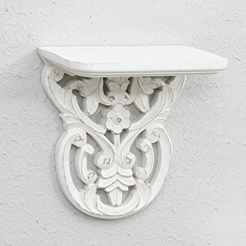 Woodenclave Handcarved Solid Wood Jali Floral Design Wall Mounted Floating Shelf Wooden Wall Brackets Shelves Set for Home Living Room Decor - (Distressed White)