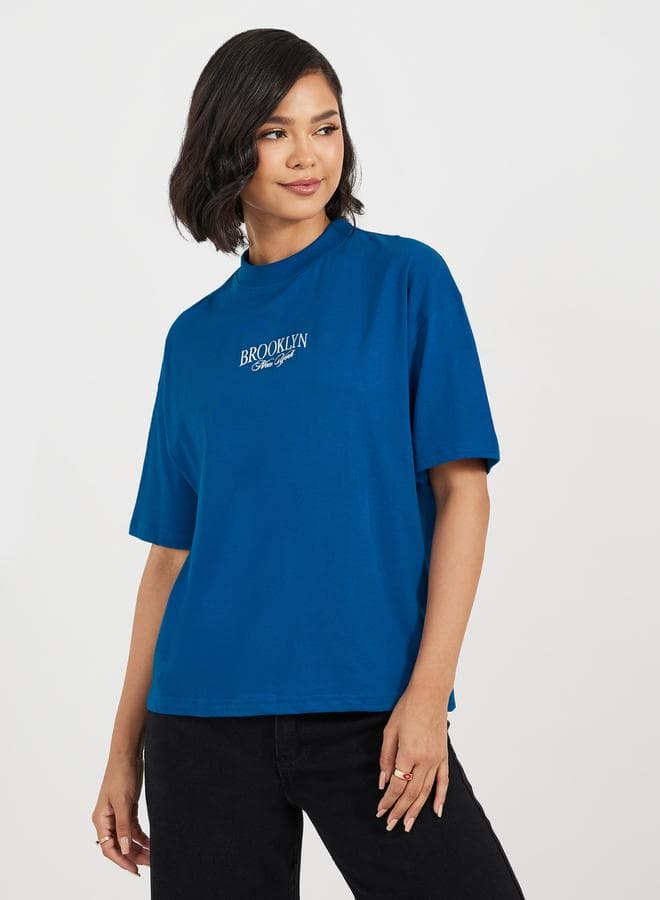Oversized High Neck Embroidery Detail T-Shirt