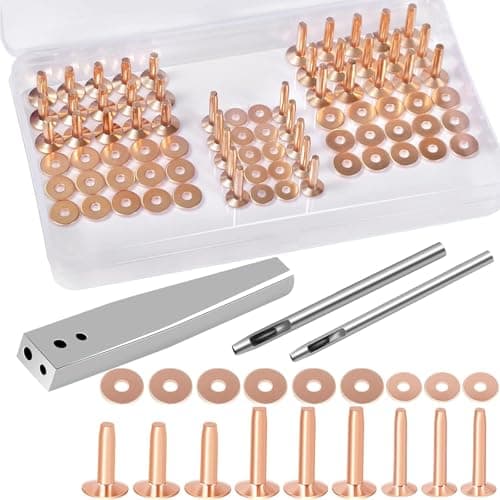 JUNESunShine 84Pcs, Copper Rivets and Burrs, 4mm Shank Dia More Sturdy, with #9 and #12 Burrs Setter, Leather Rivet Fastener Install Setting Tool for Belt Wallet Collar Shoe Pouch Tack Leather Working