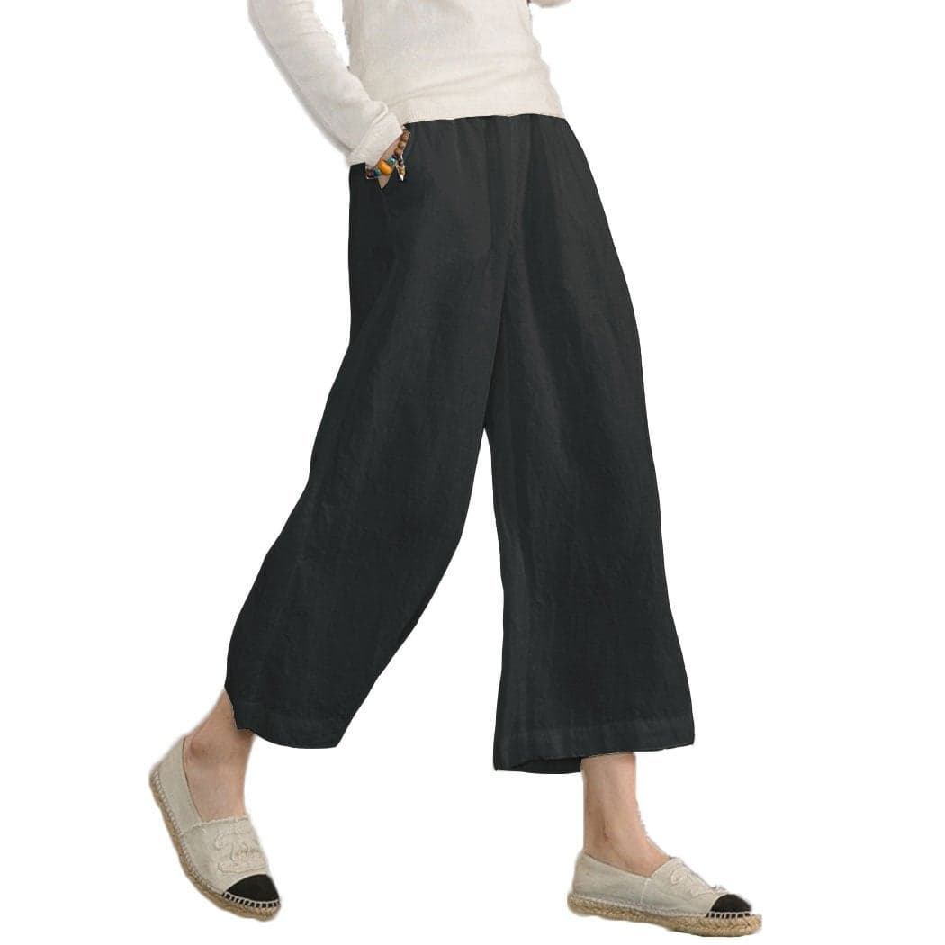 Womens Cotton Cropped Pants Loose Fit Wide Leg Capri Casual Plus Size Elastic Waist Trousers Black M