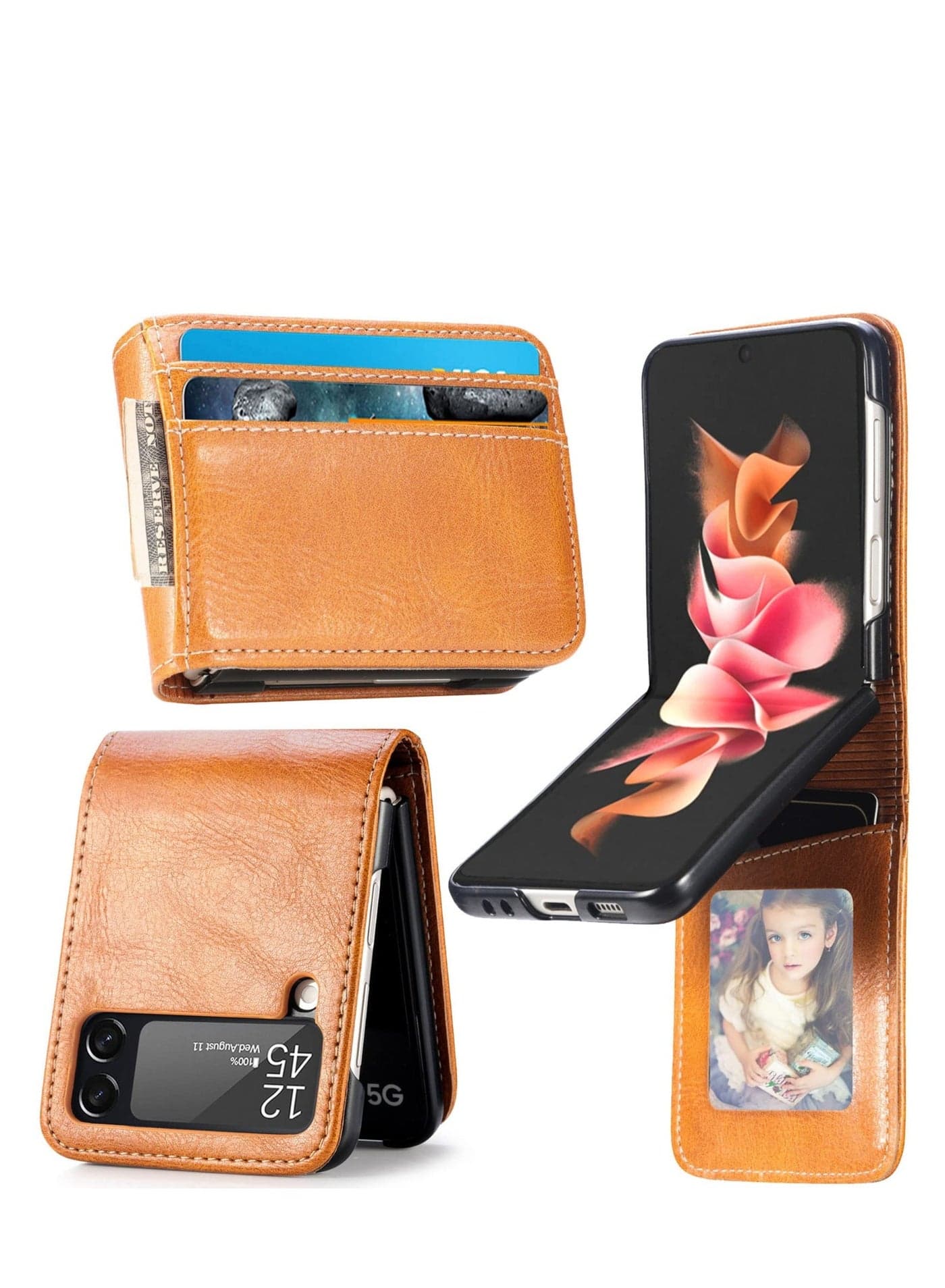 for Samsung Galaxy Z Flip 4 Case Waallet with Card Holder Slim Fit Premium PU Leather Hard PC Protective Phone Cover Flip4 5G 2022 Brown