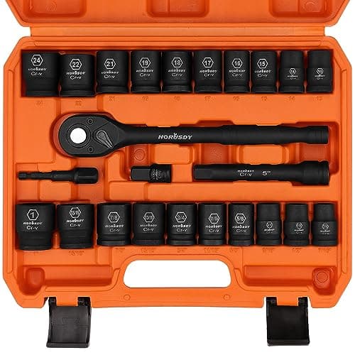 HORUSDY 1/2" Drive Shallow Impact Socket Set, 24-Piece SAE (7/16"-1") and Metric (13-24mm), 6 Point, Cr-V, Includes 1/2-Inch Drive Ratchet Handle, Drive Extension Bar