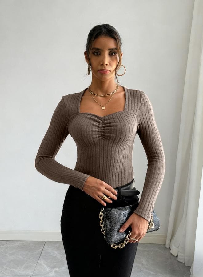 Women Coffee Brown Long Sleeve Ribbed Top
