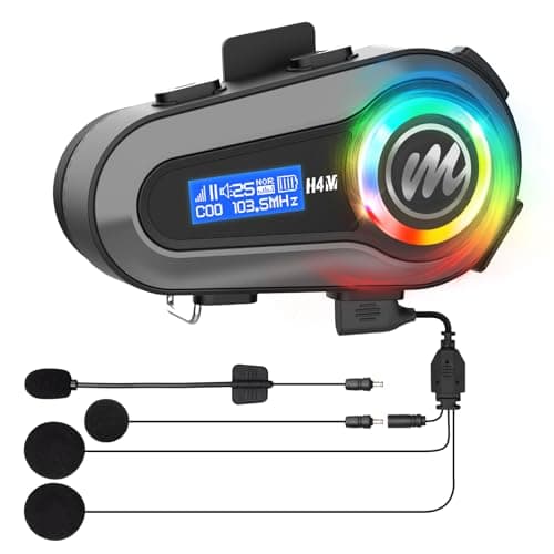 Moman Motorcycle Helmet Headsets Speaker HandsFree HiFi Speakers Dual Noise Cancellation with Loud Sound Voice Assistant IPX6 Waterproof with RGB FM Radio for All Helmets and Solo Riding H4M