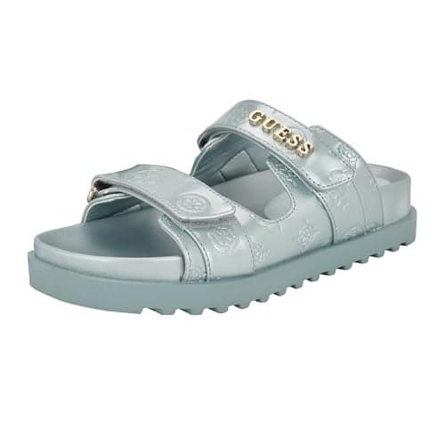 Guess Women's FABULON Sandal, Light Blue Patent Logo 450, 11
