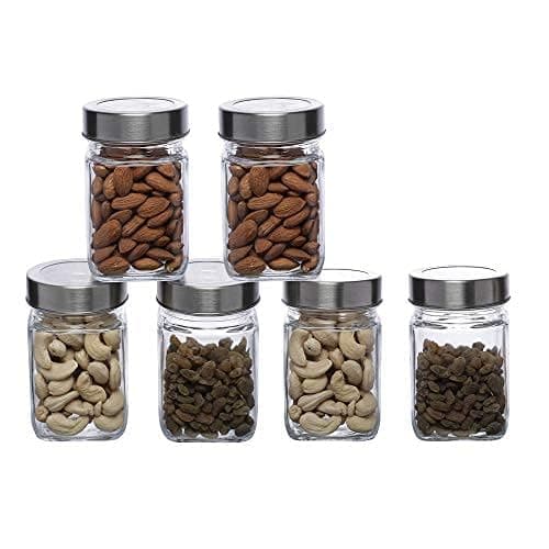SIMPARTE Multipurpose 310ml Transparent Glass JarBarni for Kitchen Aachar Pickle Chutney Dry Fruits Masala Grocery Grains Storage with Silver SeeThrough Cap Set of 6