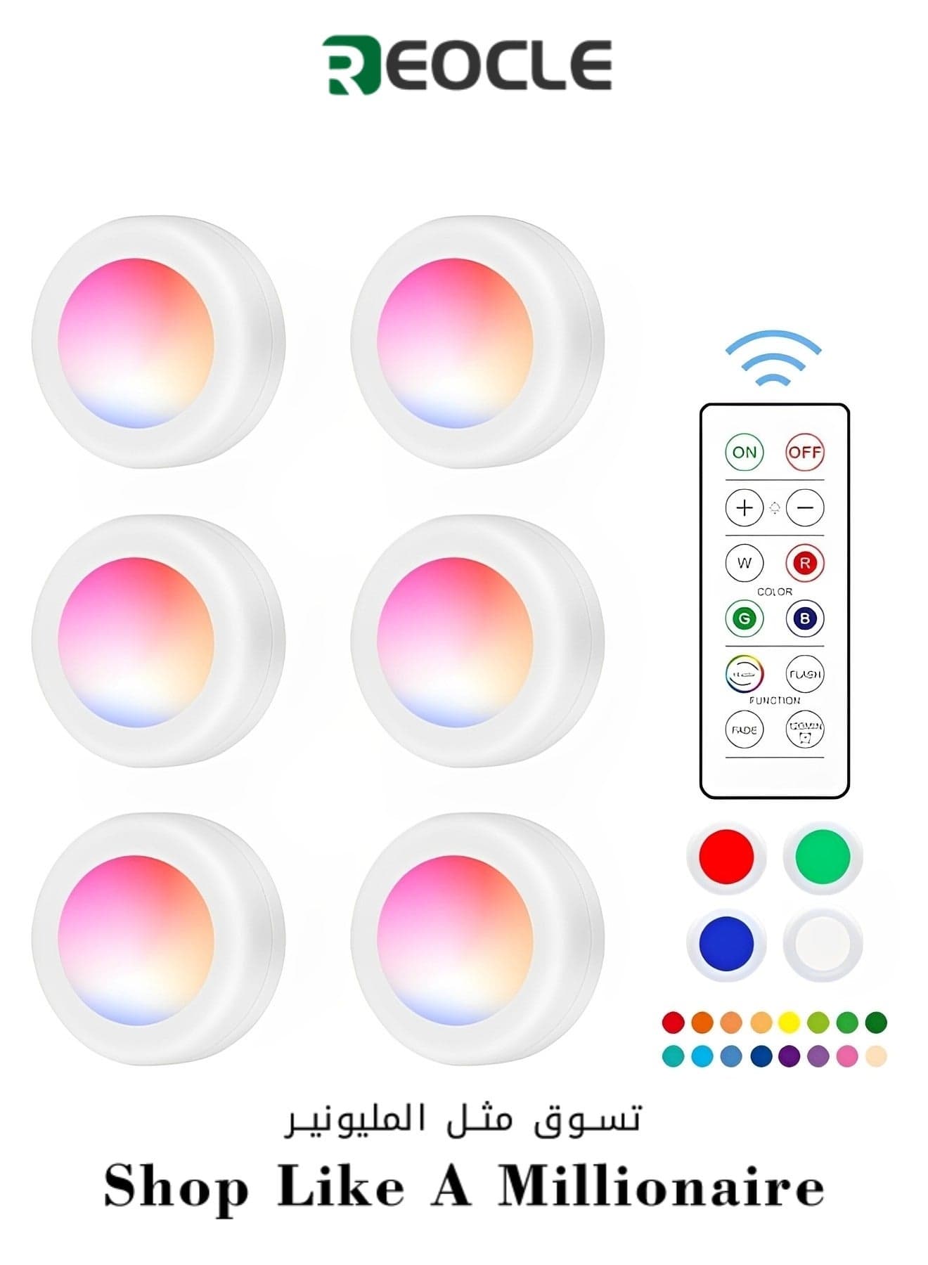 6 Pack LED Puck Lights Battery Operated Under Cabinet Light RGB Color Changing Night Lights Dimmable Push Light for Bathroom Kitchen Bedroom