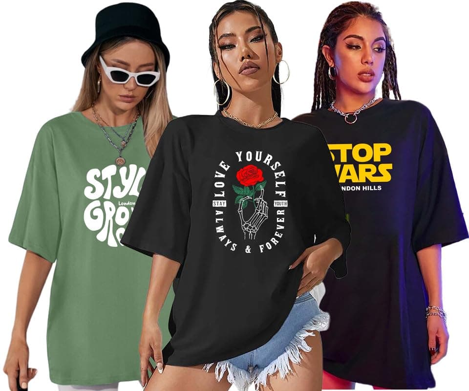 London Hills Cotton Blend Half Sleeve Women Oversized T-Shirts Multicolor Pack of 3 Black, Light Green