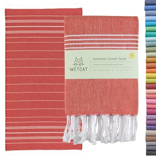 WETCAT Turkish Beach Towel Oversized (38"x71") 100% Turkish Cotton, Made in Turkey - Sand Free, Extra Large, Ultra Soft, Quick Drying, Compact & Lightweight for Travel - Red