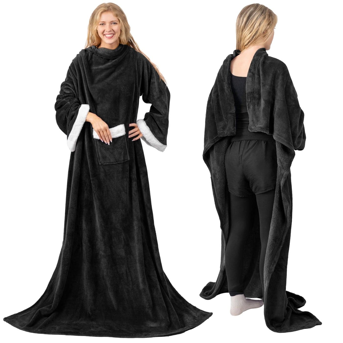 PAVILIA Fleece Blanket with Sleeves for Women Men Adults Wearable Blanket Warm Soft Plush Snuggle Pocket Sleeved TV Throw Wrap Cozy White Elephant Gifts Ideas for Mom Wife Black