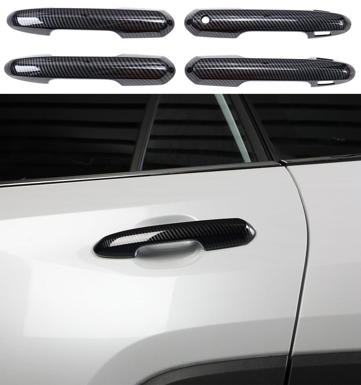 YAKANEY for Toyota RAV4 2019-2024 Door Handle Cover Trims, for Highlander 2020-2024 Carbon Fiber Grain Exterior Sporty Decorative Door Handle Strip Cover Molding Trims(with Smart Key Hole)- Carbon