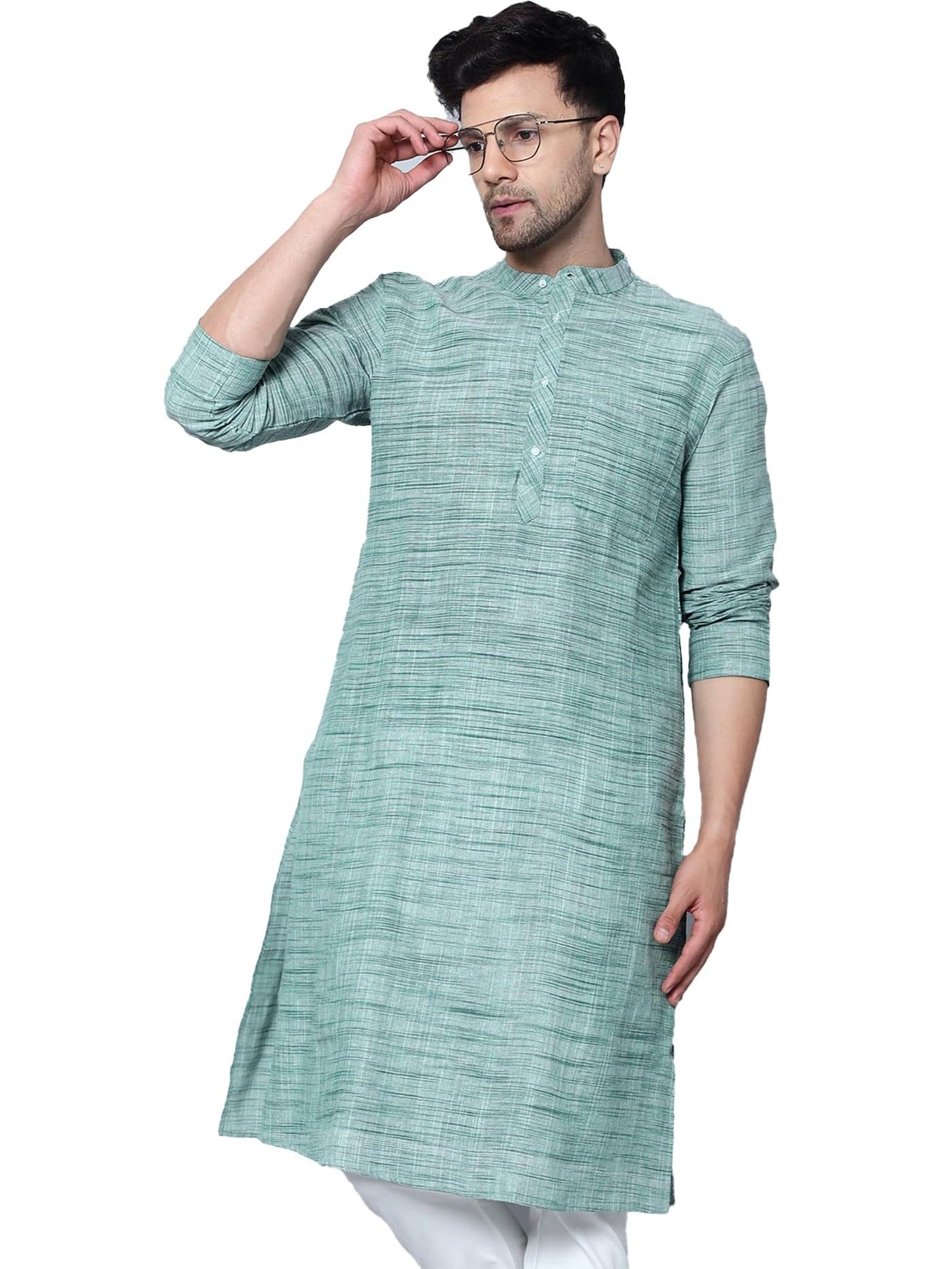 LATEST CHIKAN Men's Cotton Regular Fit Textured Long Kurta Full Sleeves - Casual Ethnic Wear -LK-NK-Ogr-36 Green