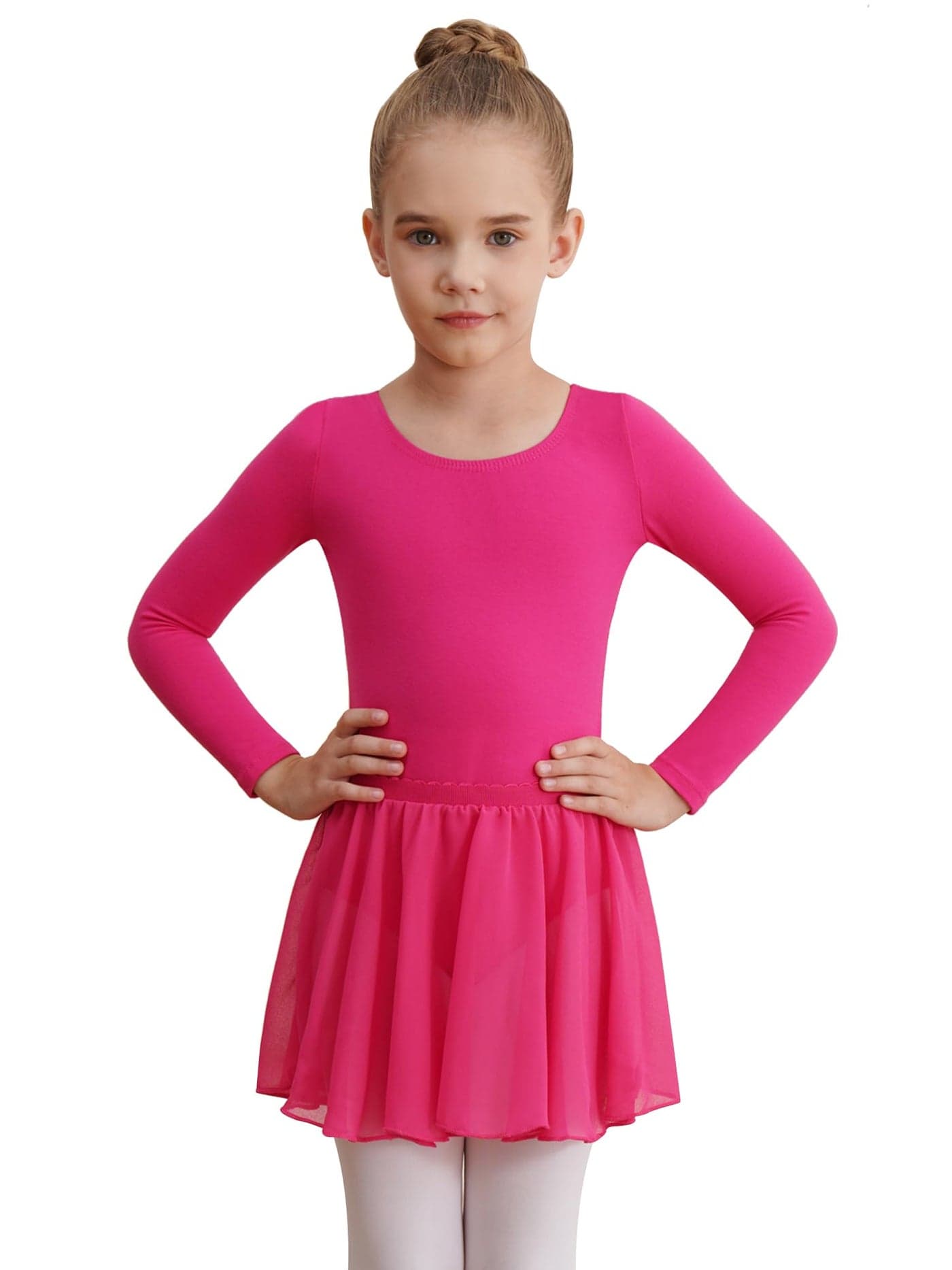 WEGETIT Long Sleeve Girls Leotard Gymnastics Leotards for Girls Ballet Dance Dresses with Skirt (Hot Pink,10-12 Years)