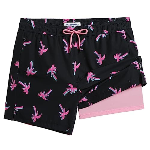 maamgic Mens Swim Trunks with Compression Liner 5" Stretch Beach Shorts Quick Dry with Zipper Pockets No-Chafing Board Shorts Pink-Black Coconut Tree L