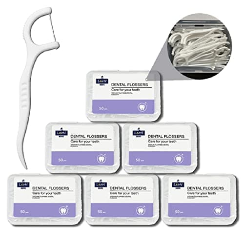 LeoN Home Unwaxed Dental Floss Picks 300 PCS w/Travel Carry Case, Plastic Deep Clean Flosser for Your Daily Oral Care, Unflavored Durable Flossing with Toothpick (50 Count/Box, Pack of 6)