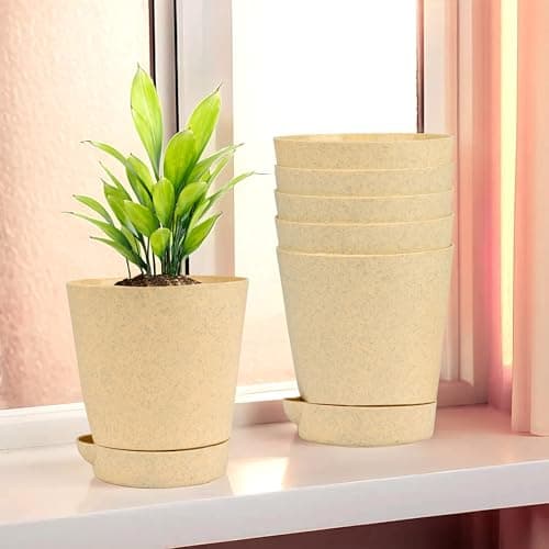 Kuber Industries Pack of 6 Flower Pot | Flower Pot for Living Room-Office | Flower Planters for Home-Office-Lawns & Garden Décor | Self Watering Flower Planters Pots | Marble Titan | 4 Inch | Beige