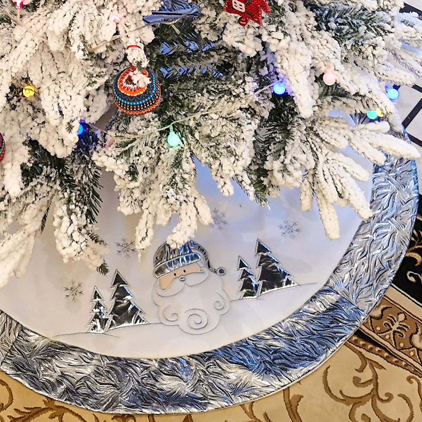 WEWILL 48 Large Luxury White Silver Santa Claus Christmas Tree Skirt Embroidered with Satin Border Snowflake Xmas Holiday Tree Mat Party Supplies
