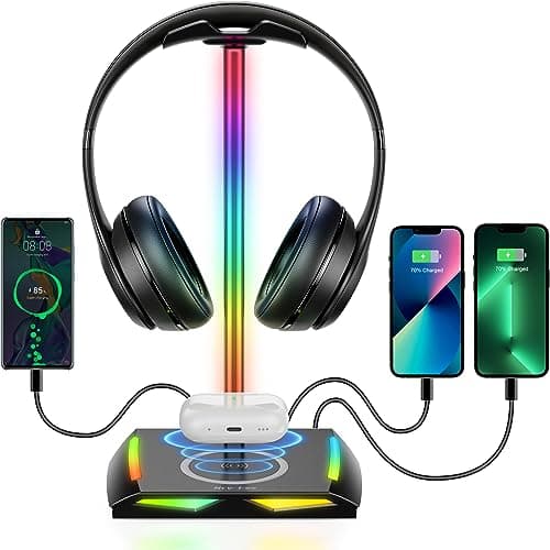 New Bee RGB Headphone Stand with 2 USBC 1 USB Charging Ports Desk Gaming Headset Holder with 7 Light Modes and NonSlip Rubber Base Suitable for All Earphone Accessories