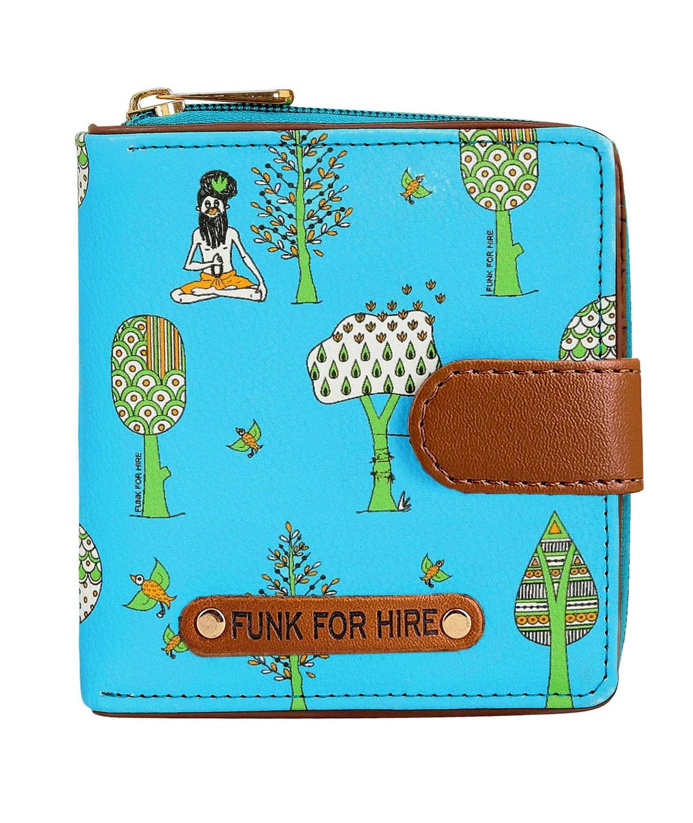 Funk For Hire Women’s Aqua Blue Printed Vegan Leather Square Wallet with 6 Card Slots, Cash Compartment, Zippered Coin Pouch, Magnetic Closure, Compact Two Fold Design, Handcrafted in India