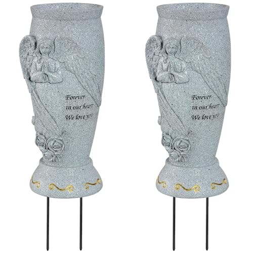 Cemetery Vase, Memorial Grave Vase with Ground Spikes, Angel Vases for Artificial Flowers, Grave Flowers Holder for Cemetery Headstone (2Pcs, Flowers are NOT Included)