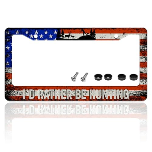 Id Rather Be Hunting License Plate Frame Retro American Flag License Plate Holder for Front or Rear Car Tags Durable Stainless Steel Car Funny Decoration with Screws 63 X 122 Inch for Men Women