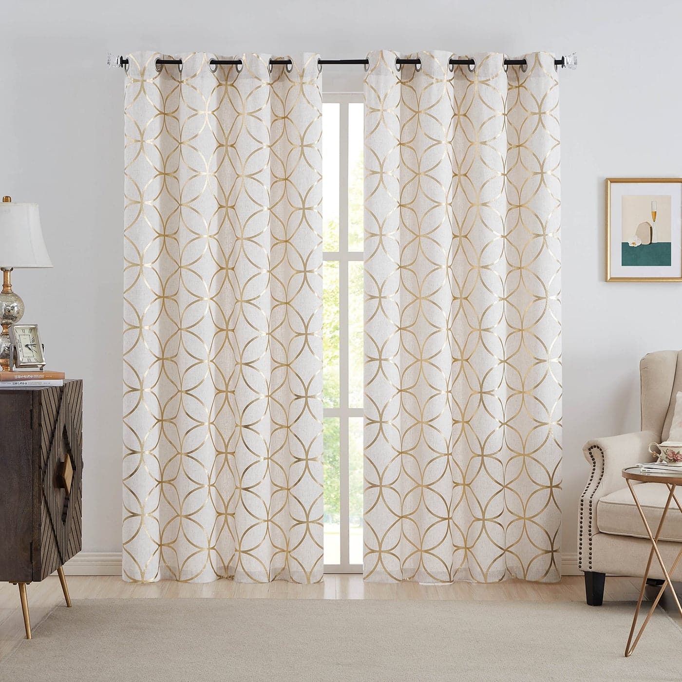 SXZJTEX Gold Linen Window Curtain Panels Metallic Geo Moroccan Tile Foil Print Semi Sheer Draperies for Bedroom Living Room Light Filtering Window Treatments Grommet Top Panels Set of 2 55 Wx95 L