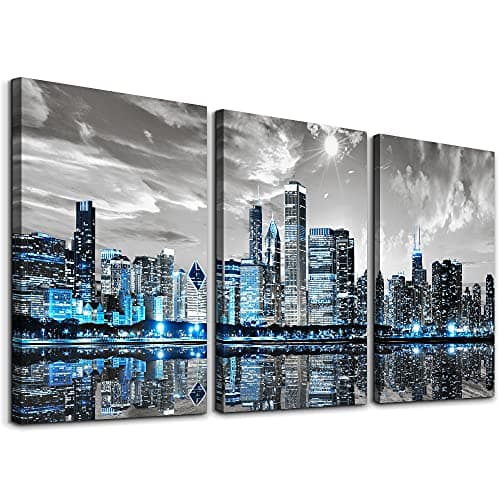 SERIMINO Chicago Skyline Wall Art for Living Room, Modern City Pictures Canvas Wall Decor for Office Bedroom 3 Pieces Set Night Scene Prints Paintings for Home 16"X24"