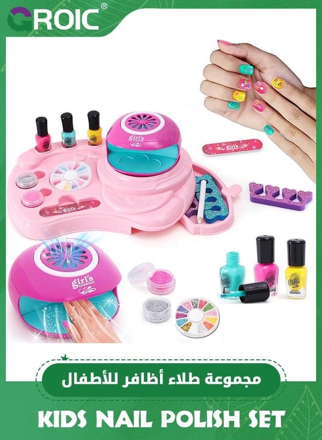 Kids Nail Polish Set for Girls Toy, Nail Art Kit - 3-in-1 Nail Pen/ Nail Dryer/ Nail Polish/ Storage Base, Nail Kit for Girls All Ages, Kid Manicure Nails Kit Birthday Girl Gift