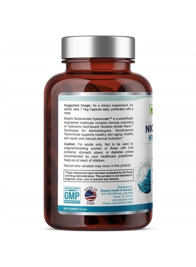B-3 Nicotinamide Hyaluronate 600 mg 60 Vcaps - Hyaluronic Acid Natural Flush-Free Nicotinic Amide Niacin - Supports Skin Cell Health