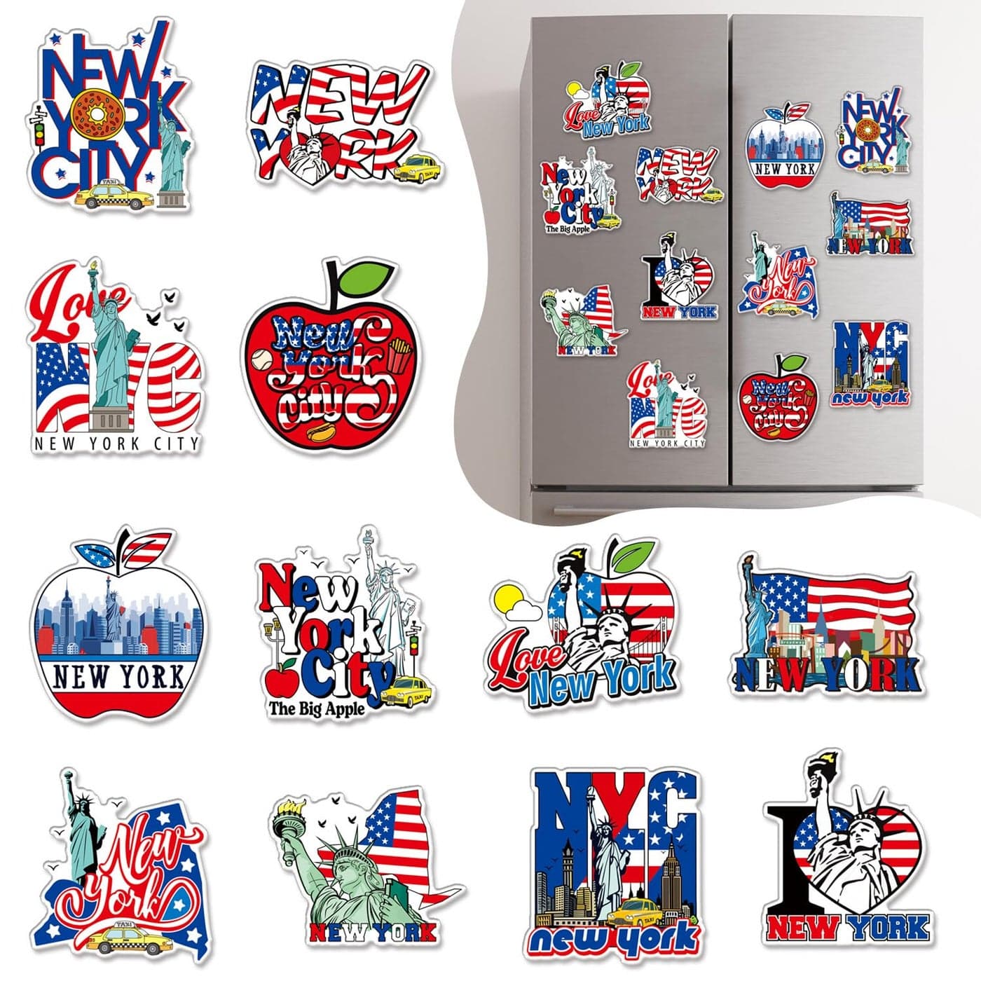 Wxiben New York Fridge Magnet 12Pcs New York Souvenirs Gifts NYC Refrigerator Magnets USA Flag Statue of Liberty Fridge Magnetic Stickers for Home Office Kitchen Locker Traveler Tourist Gift