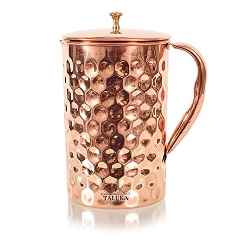 Taluka Copper Hammered Diamond Design Jug Pitcher 1500 ML Brass Knob Lid for Storage Drinking Purpose, 1500 ML