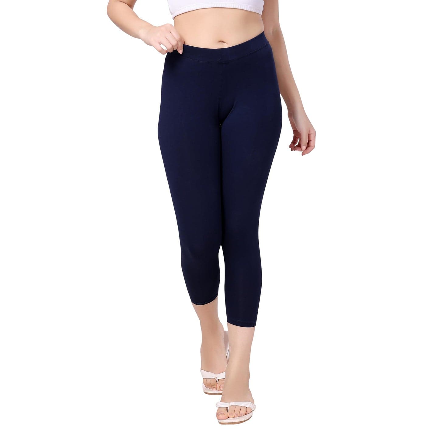 TRASA Tailored Cut & Classic Fit Stretchable Cotton Fabric Mid Rise Skinny Fit High Ankle Length/Cropped Length Leggings For Women - Navy Blue, Size - 3XL