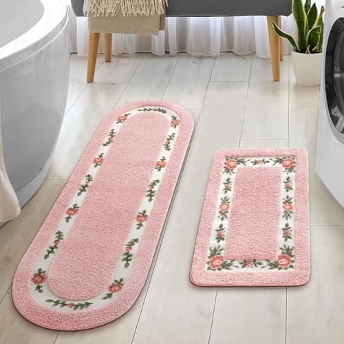 Drydiet 2 Pcs Rose Flowers Bathroom Rugs Set Coquette Room Decor Floral Rugs for Bathroom Bedroom Living RoomNon Skid Absorbent Romantic Rose Flower Area Rugs 2 ShapesPinkLarge