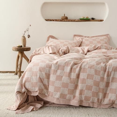 SUSYBAO Peach Plaid Duvet Cover King Cotton Linen 3 Pcs Set 1 Pink Jacquard Duvet Cover with Zipper Ties 2 Pillow Shams Double Yarn Rustic Textured Hemmed Checkered Bedding Set Soft