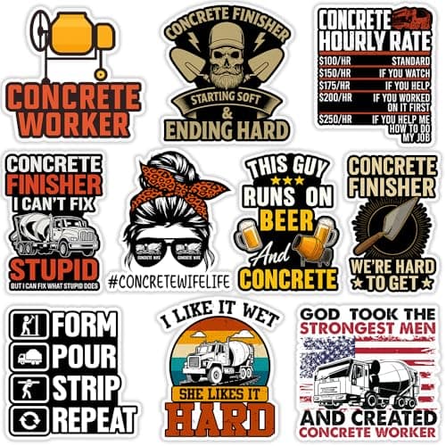 SODAVA Funny Concrete Worker Sticker 10 pcs 3Inch Vinyl Stickers for Construction Workers Concrete Finishers Cement Mixer Humor Waterproof Decals for Hard Hat Toolbox Laptop Gift for Men