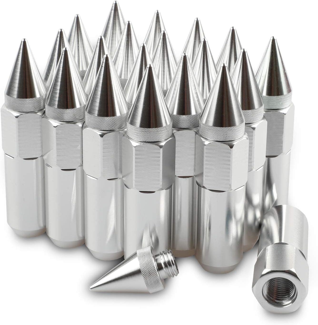 EZPROIT M12X1.5 Spiked Aluminum Extended Tuner Lug Nuts 20PCS 60MM (Silver)