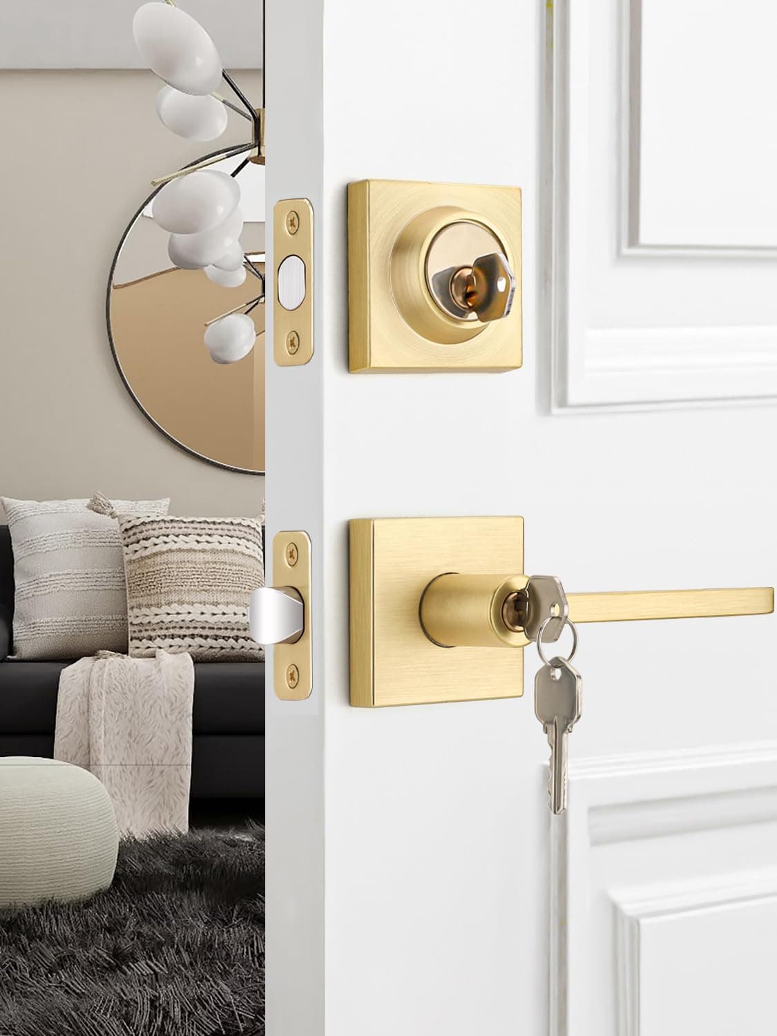 EHOMEWARE 1 Set Entry Door Handle and Single Cylinder Deadbolt Lock and Key Combo Pack - Heavy Duty Square Locking Lever Set - Interior/Exterior Door Levers in Satin Brass Finish