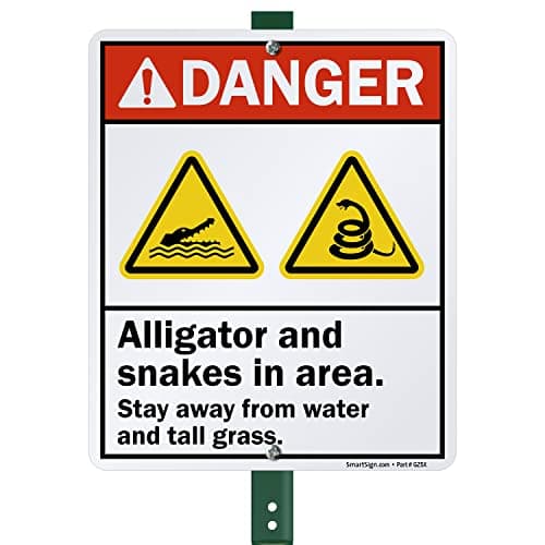 SmartSign 12 x 10 inch “Alligator And Snakes In This Area - Stay Away From Water” Yard Sign with 3 Foot Stake, 40 mil Laminated Rustproof Aluminum, Multicolor