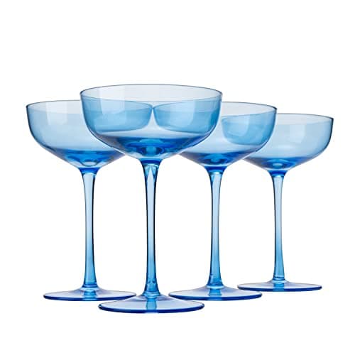 Blue Colored Martini, Champagne and Cocktail Coupe Glass | 7oz | Set of 4 Colorful Valentine's Day Gifts Champagne & Glasses, Fancy Manhattan, Crystal Cocktails Barware Gifts (Ocean Blue)