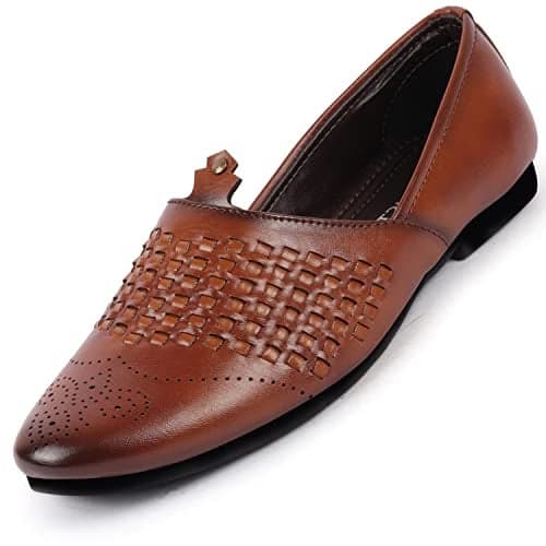 FAUSTO FST FOSME-2039 TAN-42 Men's Tan Laser Cut Knitted Ethnic Wedding Broad Feet Slip On Juttis and Mojaris (8 UK)