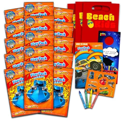Bendon Publishing Set of 15 Kids Play Packs Bundle Fun Party Favors Coloring Book Crayons Stickers Plus Door Hanger and Loot Bags Hot Wheels