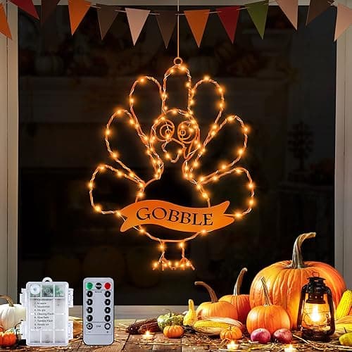 Sakayo Timer 8 Modes Thanksgiving Turkey Decorations Window Lights Thanksgiving Window Decorations Silhouette Light Orange Battery Operated Turkey Lights for Home Indoor Thanksgiving Party Decor