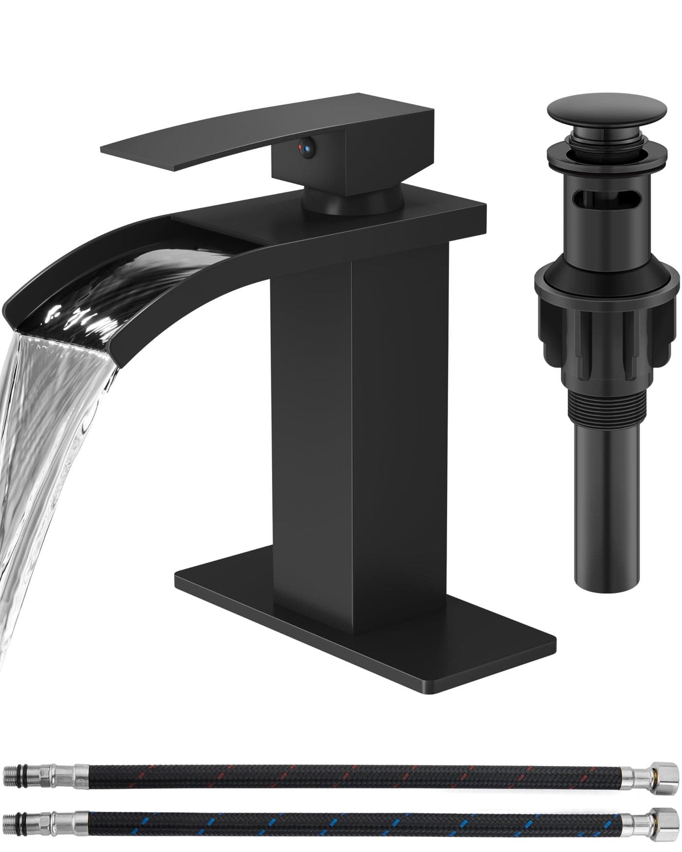 GBBNE Waterfall Bathroom Faucet 1 Hole, Single Hole Bathroom Faucet, Single Handle Vanity Sink Faucet with Deck Plate, Pop-up Drain & Supply Lines, Matte Black