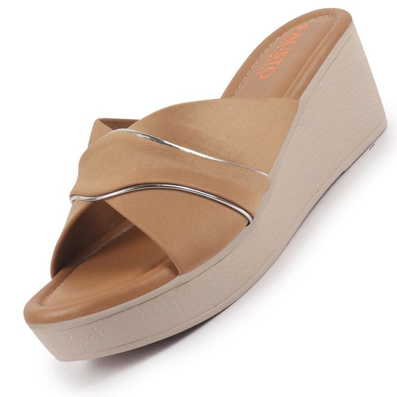 FAUSTO FST KI-661 BEIGE-37 Women's Beige Silver Lining Open Toe Cross Strap Wedge Slip On Sandal With Cushioned Footbed|Sandal For Party|Festive|Wedding (4 UK)