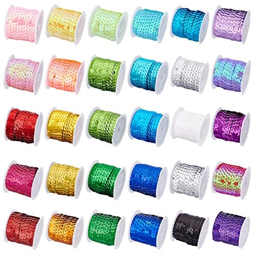 PH PandaHall 30 Color Flat Sequin Strip 6mm Spangle Flat Sequins Paillette Trim String Sequins Ribbon Metallic Shiny Trim Sewing String for Mermaid Costume Crafts Embellishments 150 Yards